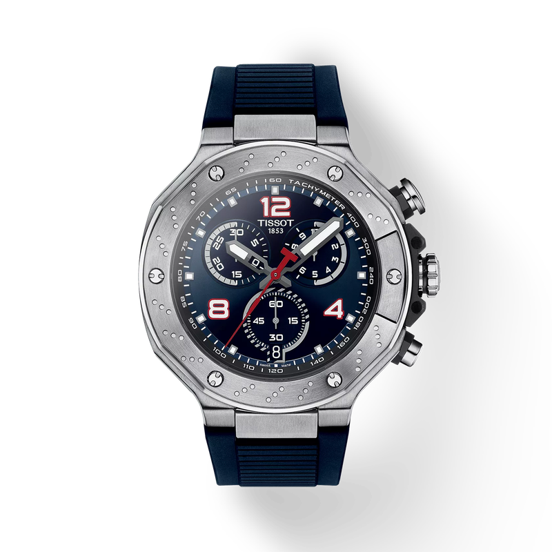 Front view of the watch Tissot T-Race MotoGP&trade; Chronograph 2024 Limited Edition with shadow