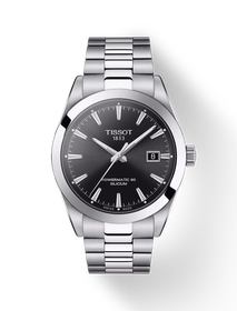 그림자가 있는 티쏘 젠틀맨 파워매틱 80 실리시움 시계의 전면 보기