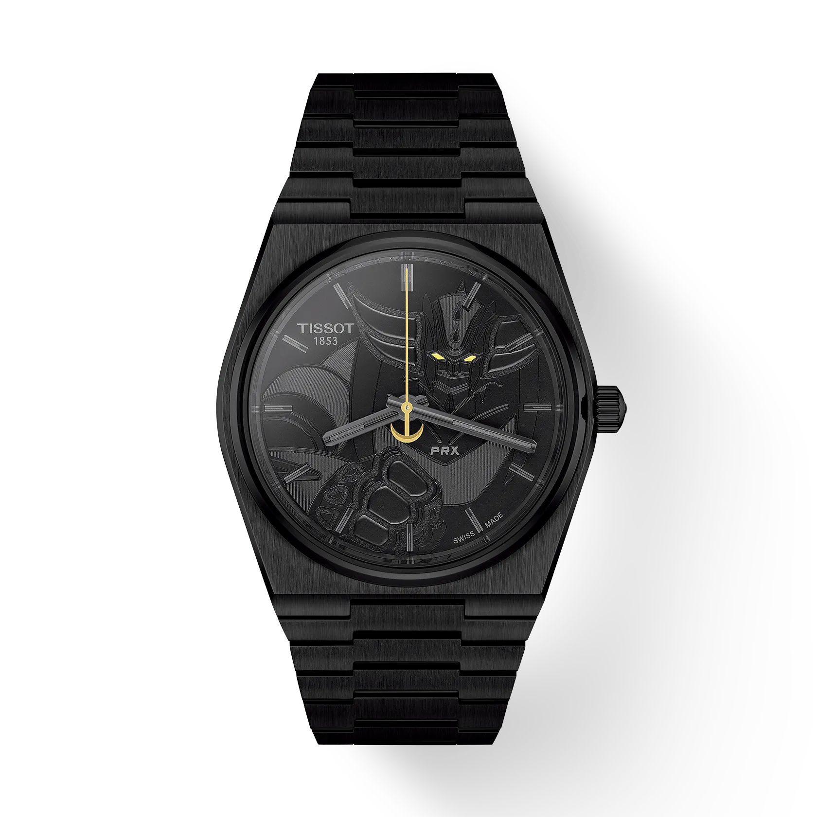 Vue de face de la montre Tissot PRX UFO Robot Goldorak 40mm 50&egrave;me Anniversaire avec ombre