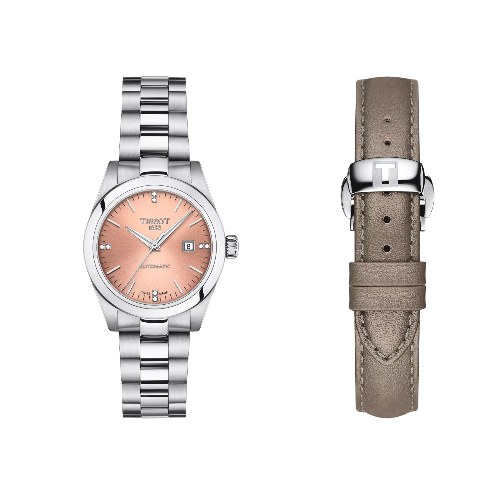 Front view of the watch Tissot T-My Lady Automatic with additional bracelet