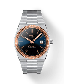 그림자가 있는 티쏘 PRX 파워매틱 80 스틸 & 18K 골드 베젤 시계의 전면 보기
