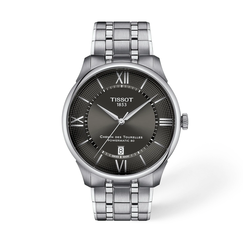 Front view of the watch Tissot Chemin Des Tourelles 42mm with shadow