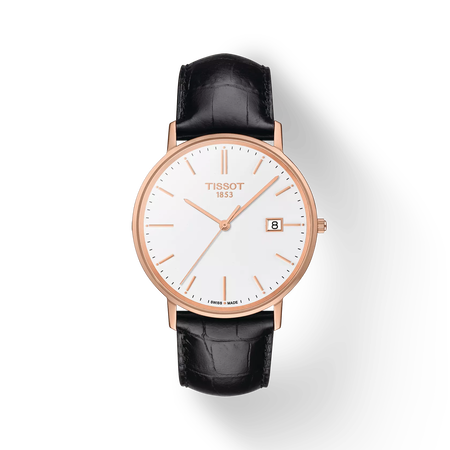 Front view of the watch Tissot Goldrun Gold 38mm with shadow