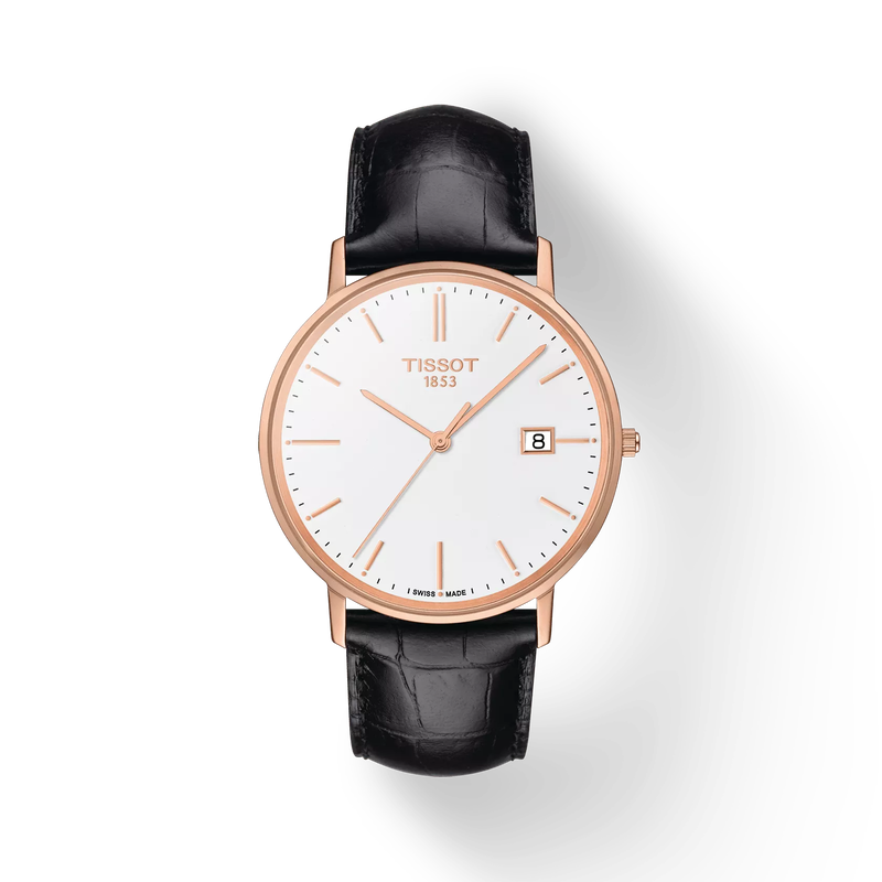 Front view of the watch Tissot Goldrun Gold 38mm with shadow