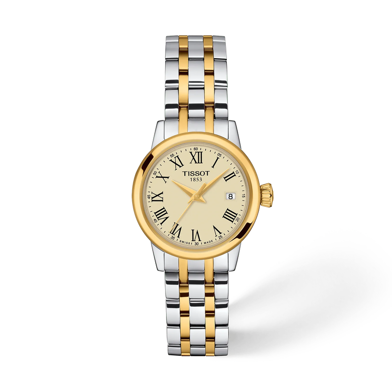 Front view of the watch Tissot Classic Dream 28mm with shadow