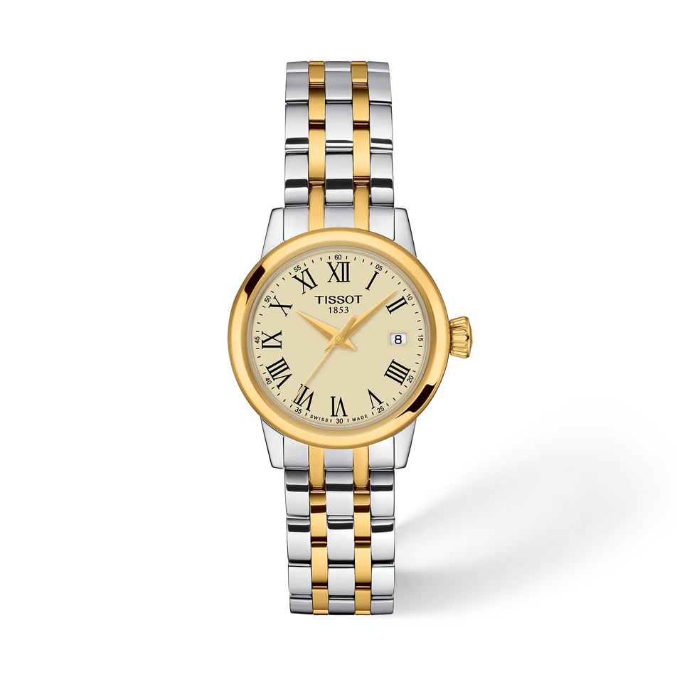 Front view of the watch Tissot Classic Dream 28mm with shadow