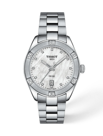 Front view of the watch Tissot PR 100 Sport Chic 36mm with shadow