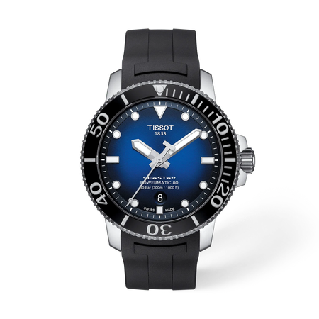 Front view of the watch Tissot Seastar 1000 43mm with shadow