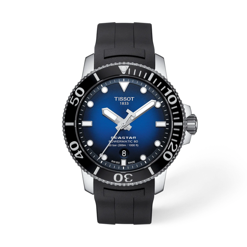 Front view of the watch Tissot Seastar 1000 43mm with shadow