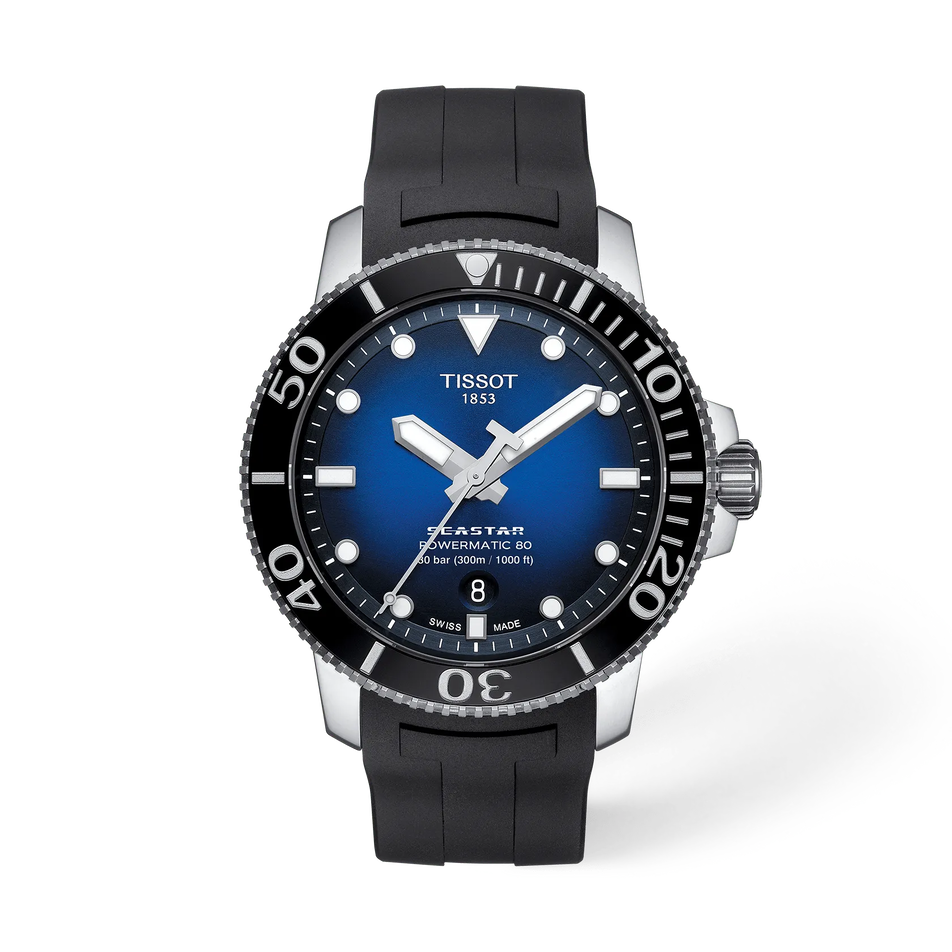 Front view of the watch Tissot Seastar 1000 43mm with shadow
