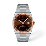 Vue de face de la montre Tissot PRX Gold 40mm avec ombre