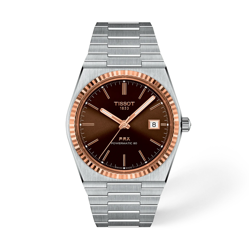 Vue de face de la montre Tissot PRX Gold 40mm avec ombre