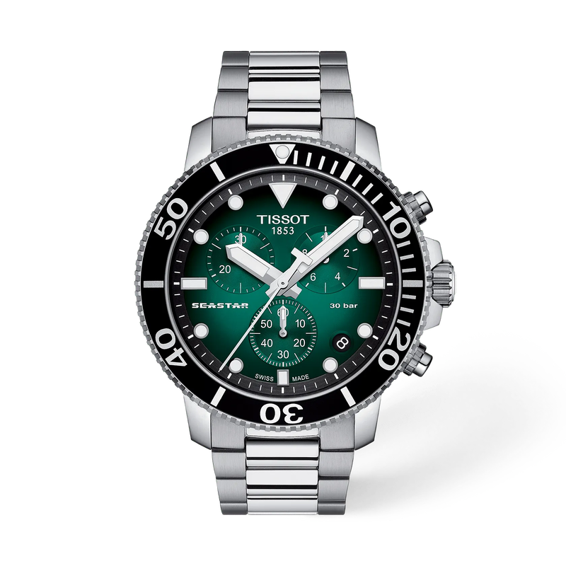 Front view of the watch Tissot Seastar 1000 45.5mm with shadow