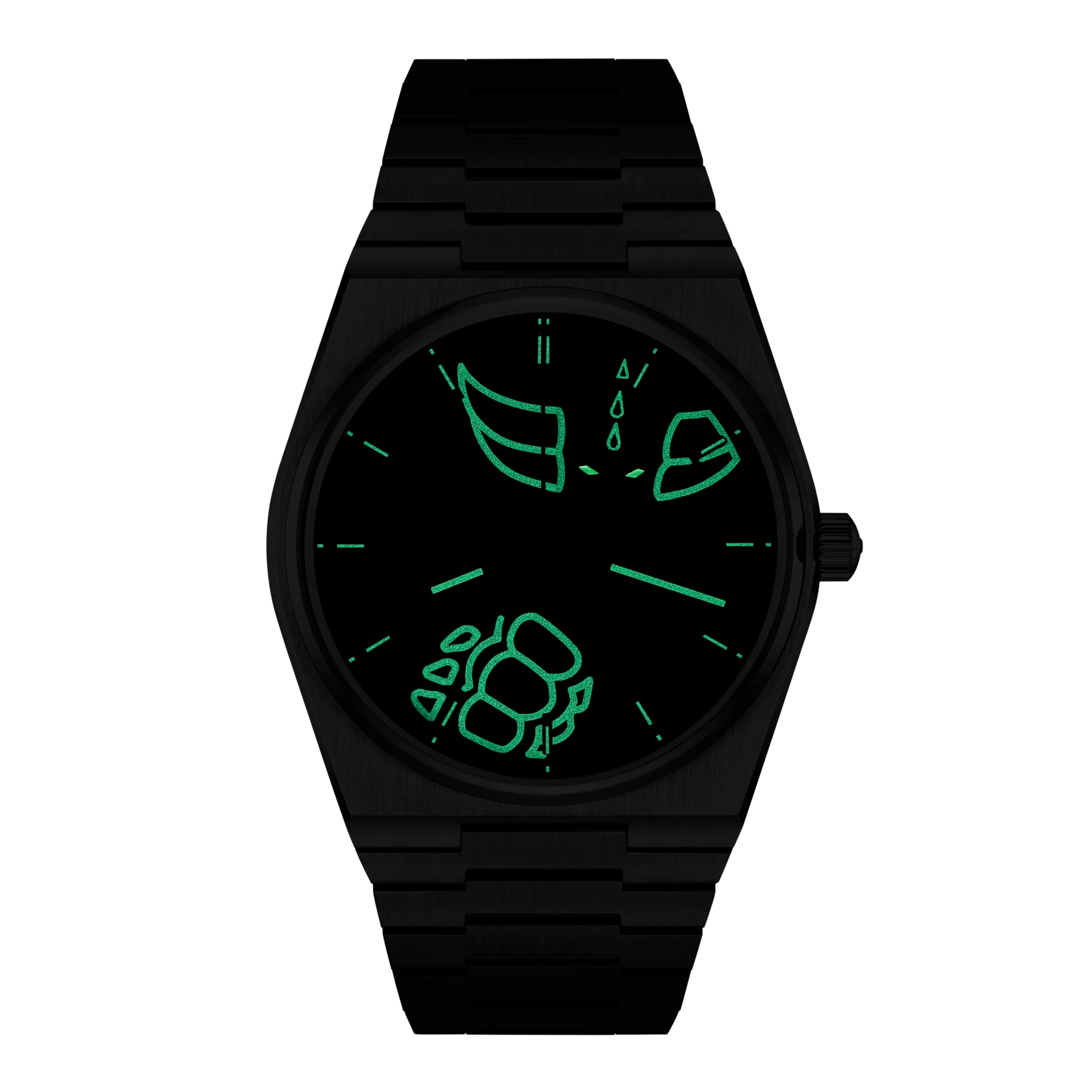 Vista frontal del reloj Tissot PRX UFO Robot Grendizer 50th Anniversary 40mm en modo nocturno