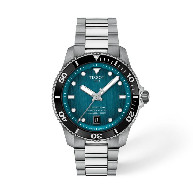 Vista frontal del reloj Tissot Seastar 1000 40mm con sombra