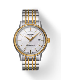 Front view of the watch Tissot Carson Powermatic 80 with shadow