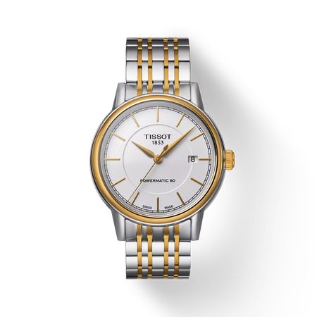 Front view of the watch Tissot Carson Powermatic 80 with shadow