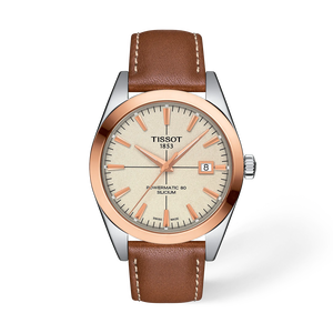 Front view of the watch Tissot Gentleman Gold bezel 40mm with shadow