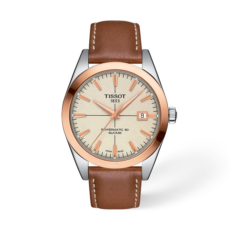 Front view of the watch Tissot Gentleman Gold bezel 40mm with shadow