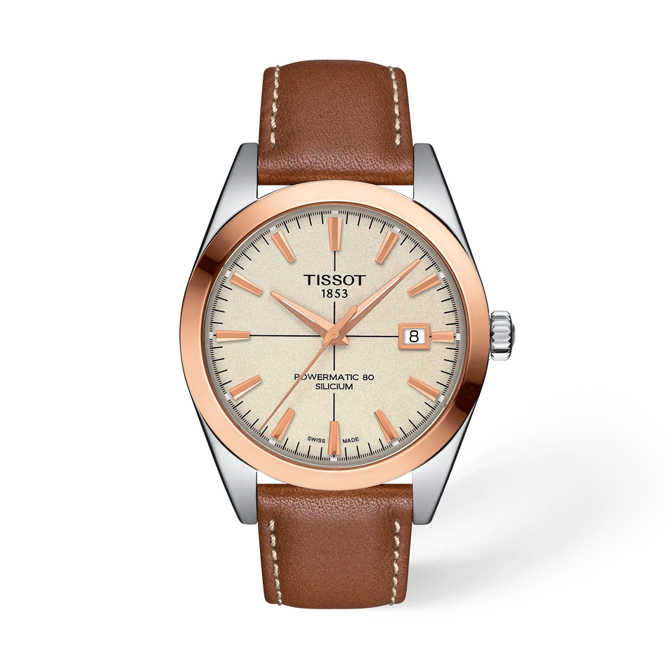 Front view of the watch Tissot Gentleman Gold bezel 40mm with shadow