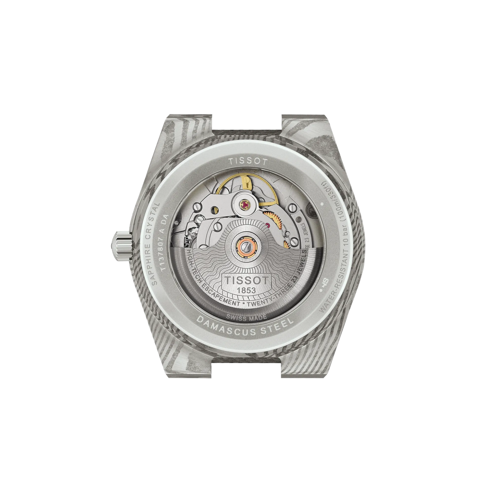 Back view of the watch case Tissot PRX Damascus Steel 38mm