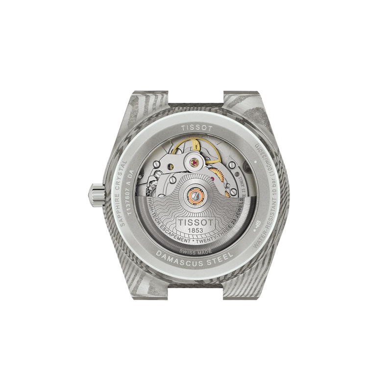 Back view of the watch case Tissot PRX Damascus Steel 38mm