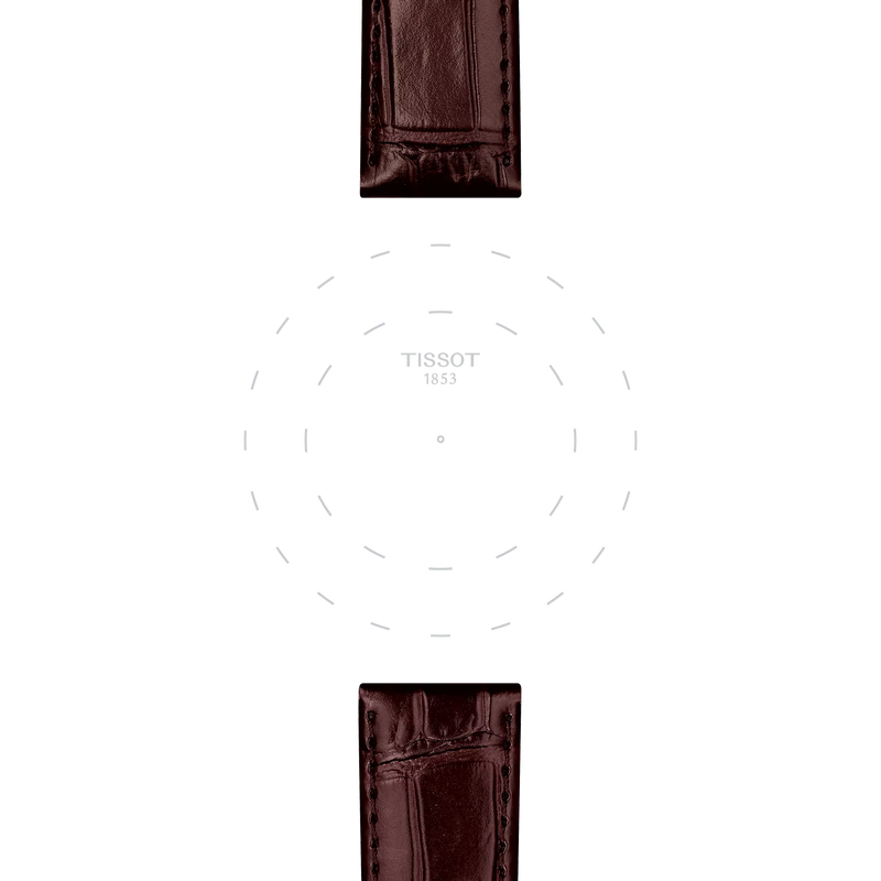 Enfoque en las asas de Correa marr&oacute;n de piel oficial Tissot 20 mm