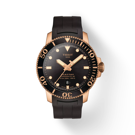 Front view of the watch Tissot Seastar 1000 Powermatic 80 with shadow