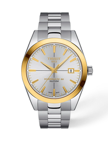 Vista frontal del reloj Tissot Gentleman Gold Bezel 40mm con sombra