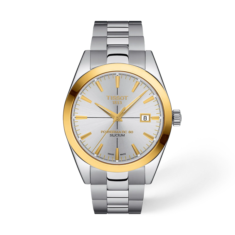 Front view of the watch Tissot Gentleman Gold Bezel 40mm with shadow