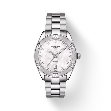Front view of the watch Tissot PR 100 Sport Chic 36mm with shadow