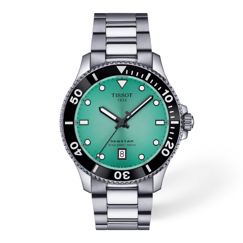 Vorderansicht der Uhr Tissot Seastar 1000 40mm mit Schatten