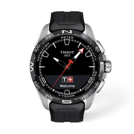 Vue de face de la montre Tissot T-Touch Connect Solar 47.5mm avec ombre