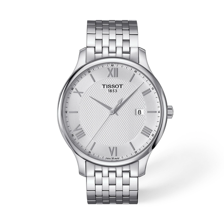 Vista frontal del reloj Tissot Tradition 42mm con sombra