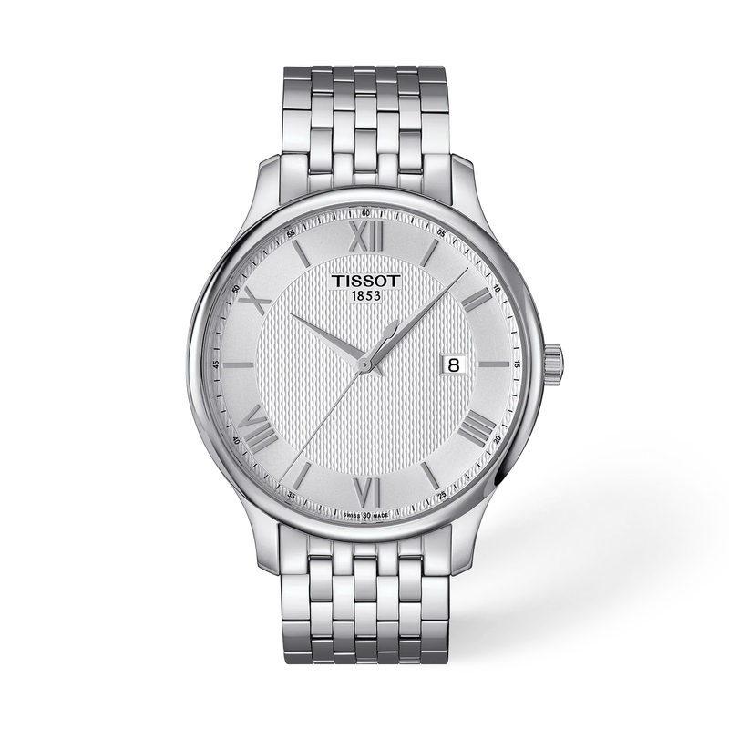 Front view of the watch Tissot Tradition 42mm with shadow