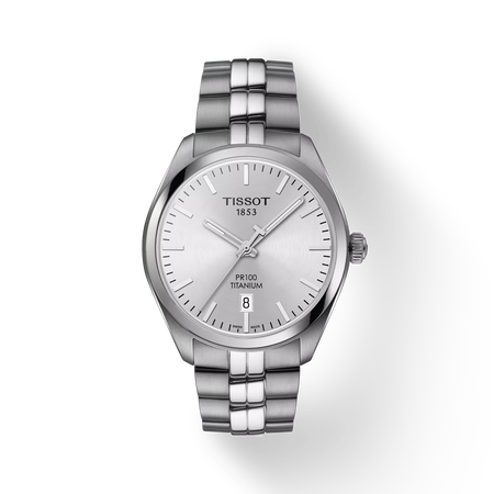 Front view of the watch Tissot PR 100 Titanium Quartz with shadow