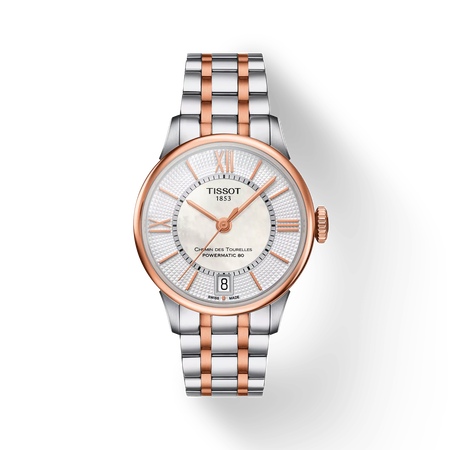 มุมมองด้านหน้าของนาฬิกา Tissot Chemin des Tourelles Powermatic 80 Lady พร้อมเงา