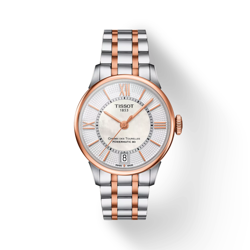 Front view of the watch Tissot Chemin des Tourelles 32mm with shadow