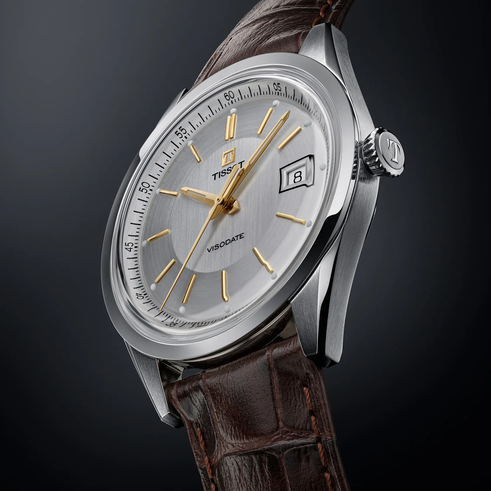 Tissot Visodate 39mm watch on a colored background