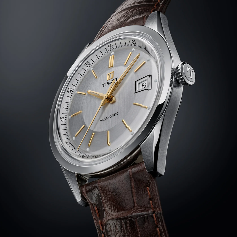 Tissot Visodate 39mm watch on a colored background