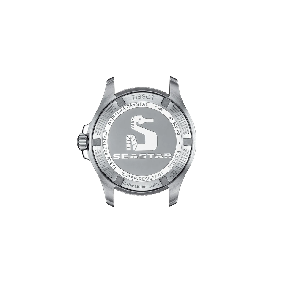 Rückansicht des Gehäuses der Uhr Tissot Seastar 1000 36mm