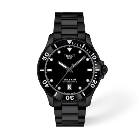 Front view of the watch Tissot Seastar 1000 40mm with shadow