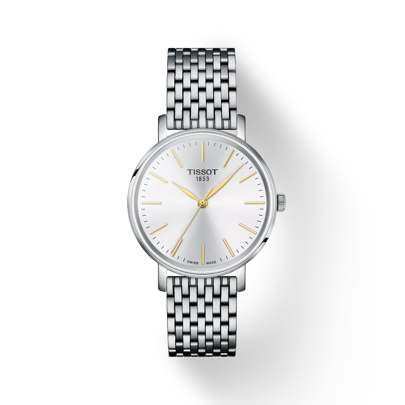 그림자가 있는 티쏘 에브리타임 34mm 시계의 전면 보기