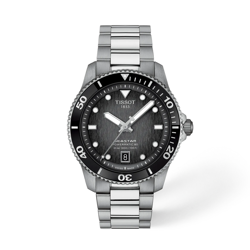 Front view of the watch Tissot Seastar 1000 40mm with shadow