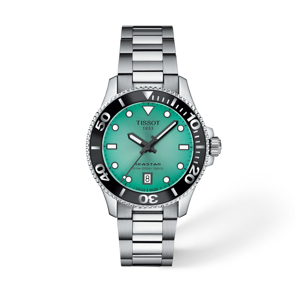 Vorderansicht der Uhr Tissot Seastar 1000 36mm mit Schatten