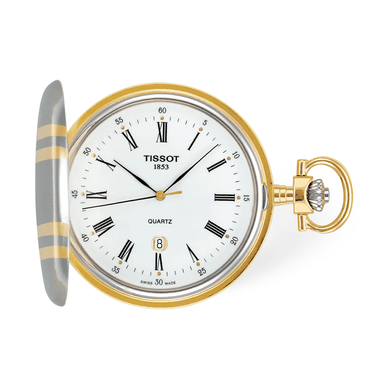 Front view of the watch Tissot Savonnette 48.5mm with shadow