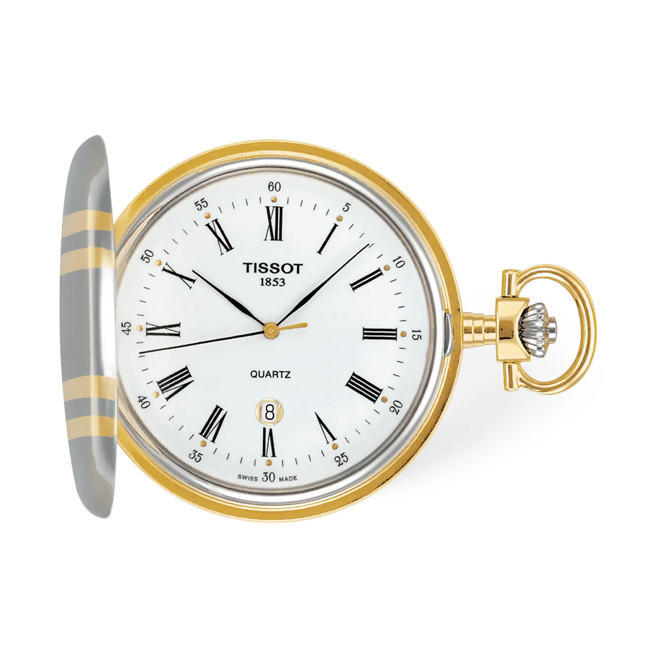 Front view of the watch Tissot Savonnette 48.5mm with shadow