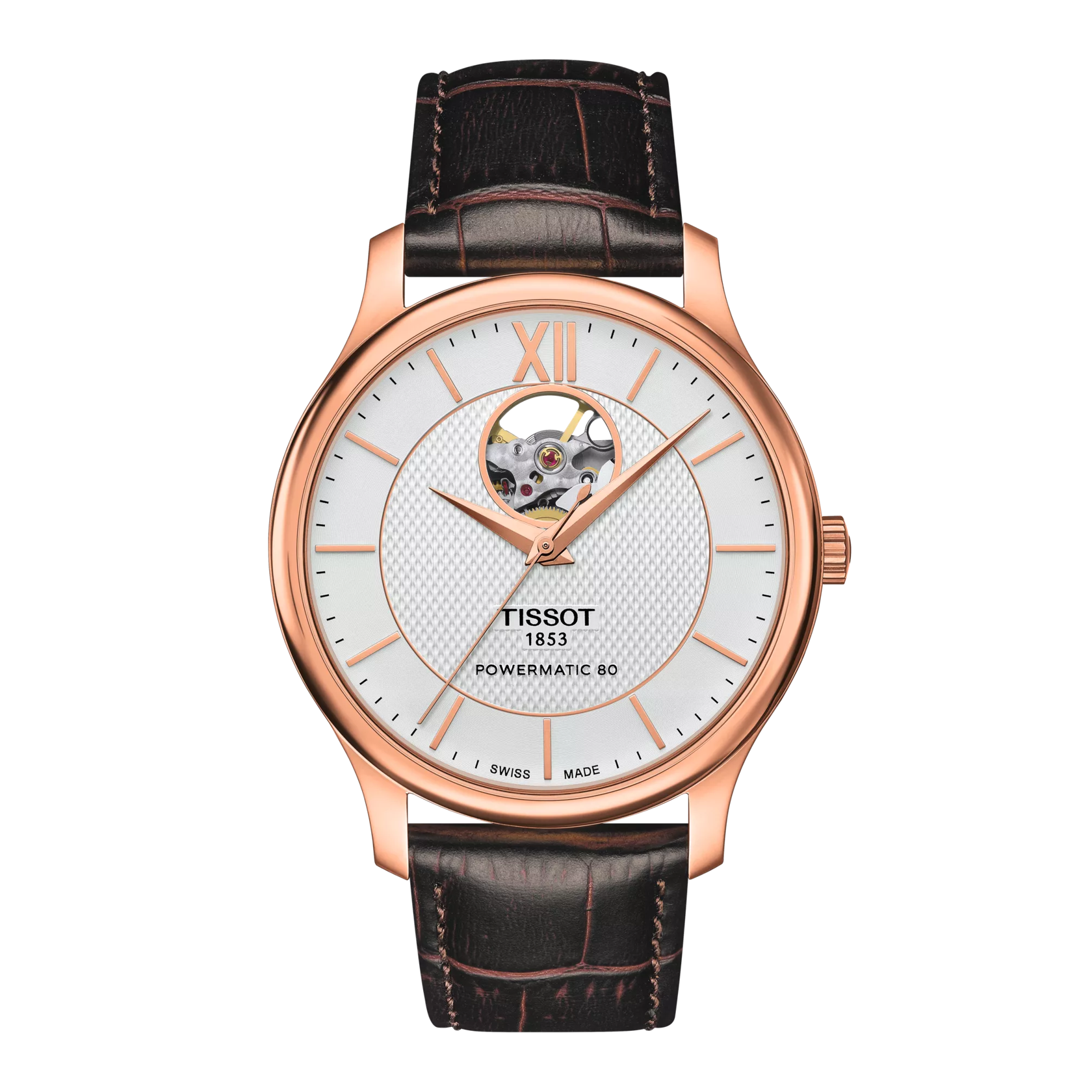 Front view of the watch Tissot Tradition Powermatic 80 Open Heart