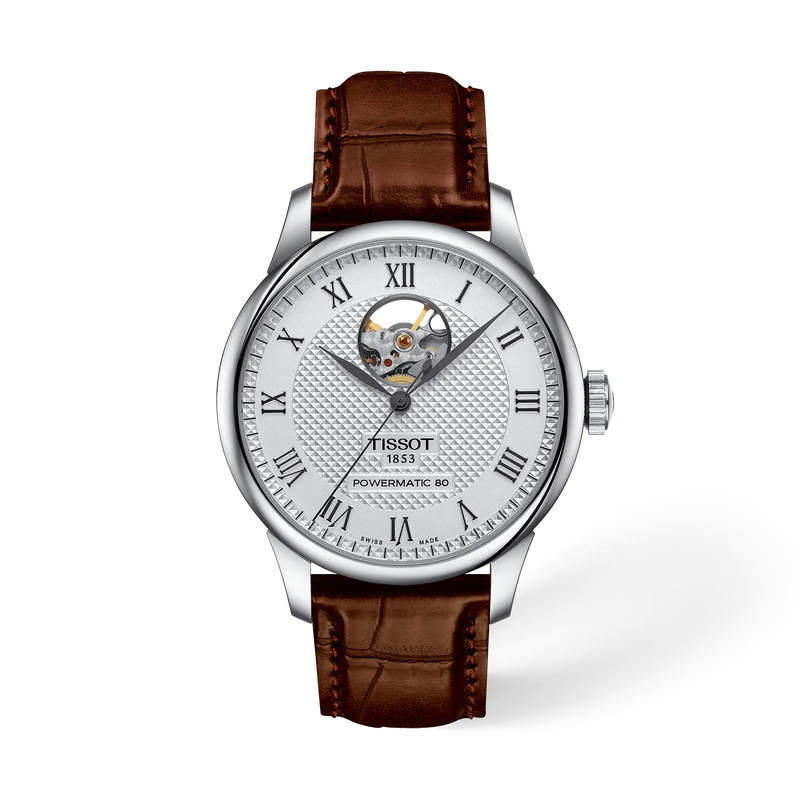 Front view of the watch Tissot Le Locle Open Heart 39.3mm with shadow