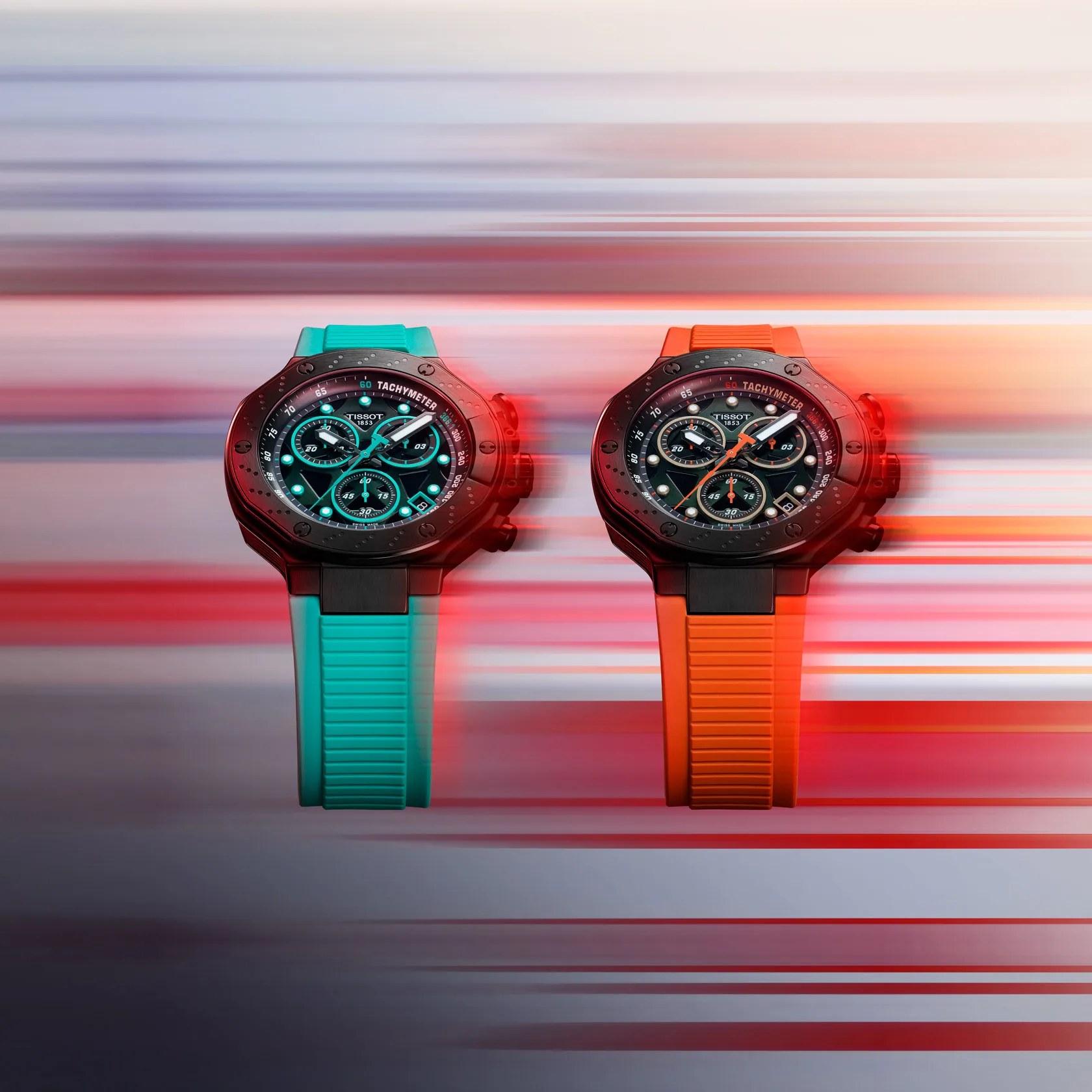 Tissot T-Race 45mm watch on a colored background